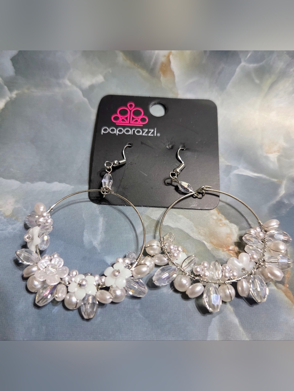 Paparazzi Silver White Floral Crystal Hoop Earrings